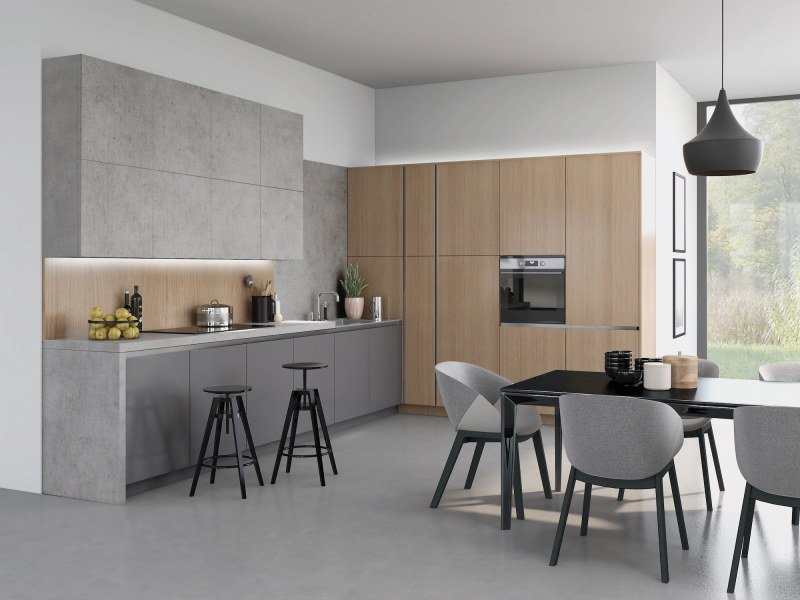 O&S Vaasa Light Grey Concrete & Natural Kendal Oak Kitchen
