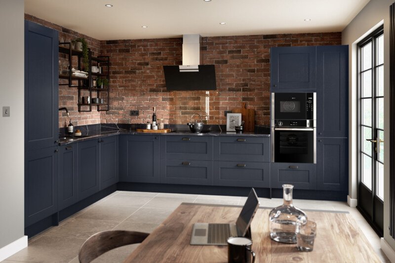 PWS Belsay Woodgrain Indigo Shaker from SJB Trade Kitchens. DIY Kitchen Specialist.