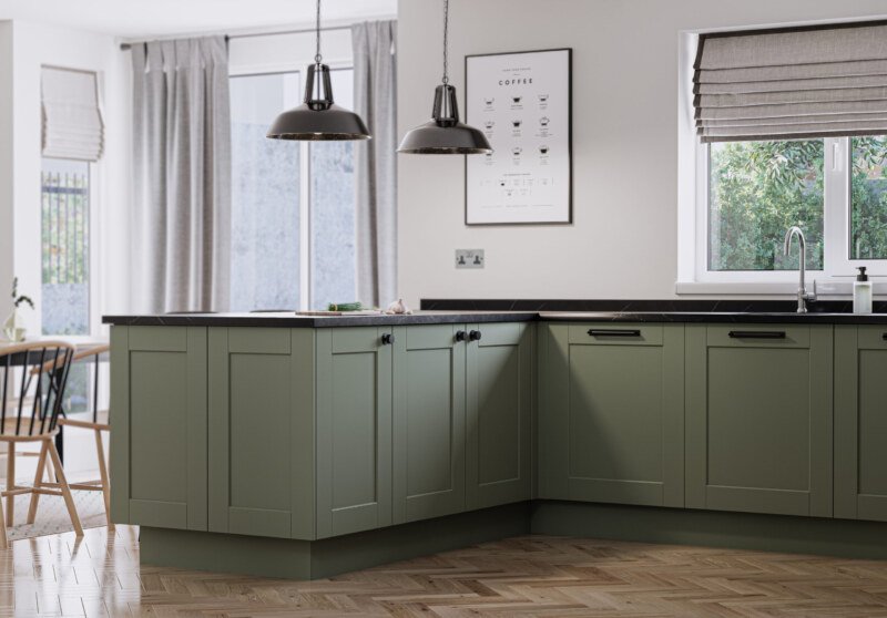 PWS Belsay Smooth Shaker in Reed Green from SJB Trade Kitchens. DIY Kitchen Specialist