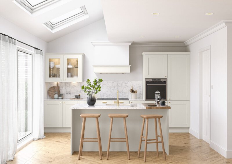 PWS Belsay Woodgrain Light Grey Shaker from SJB Trade Kitchens. DIY Kitchen Specialist.