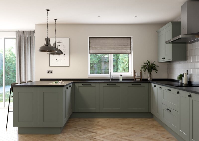 PWS Belsay Smooth Shaker in Reed Green from SJB Trade Kitchens. DIY Kitchen Specialist