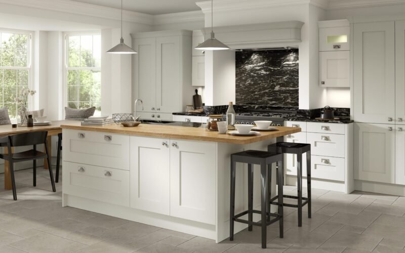 PWS Fitzroy Kitchen painted in porcelain and partridge grey. Available from SJB Trade Kitchens. DIY Kitchen Specialist.