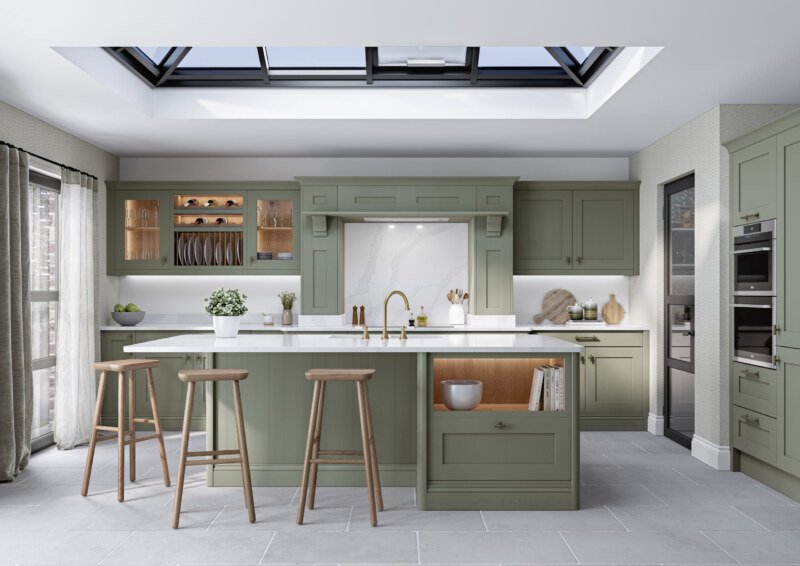 PWS Mornington Shaker Kitchen in Regiment Green. Available from SJB Trade Kitchens. DIY Kitchen Specialist.