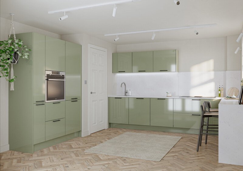 PWS Porter Gloss Reed Green kitchen doors available from SJB Trade Kitchens. DIY Kitchen Supplier