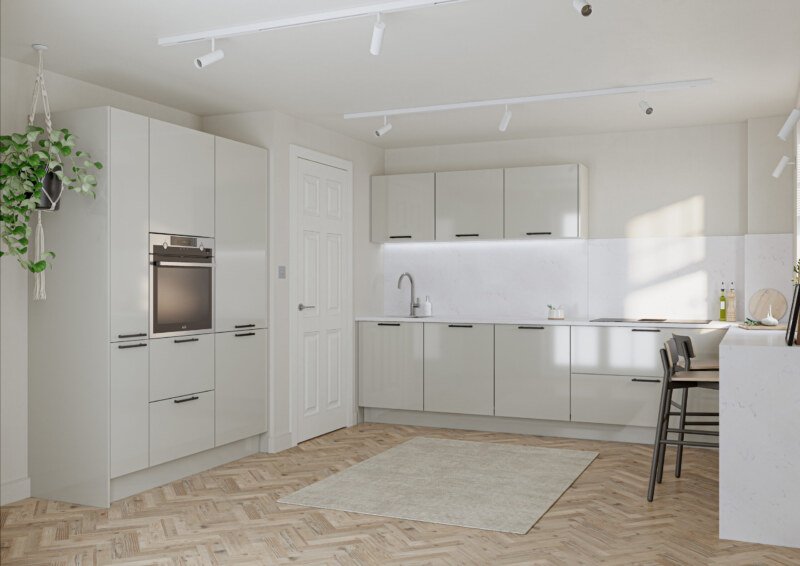 PWS Porter Gloss Sliver Grey kitchen doors available from SJB Trade Kitchens. DIY Kitchen Supplier